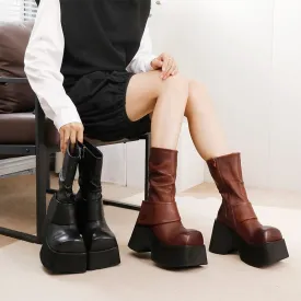 105mm High Platform Boots for Women Square Toe Touch-strap Side Zip in Black/Brown