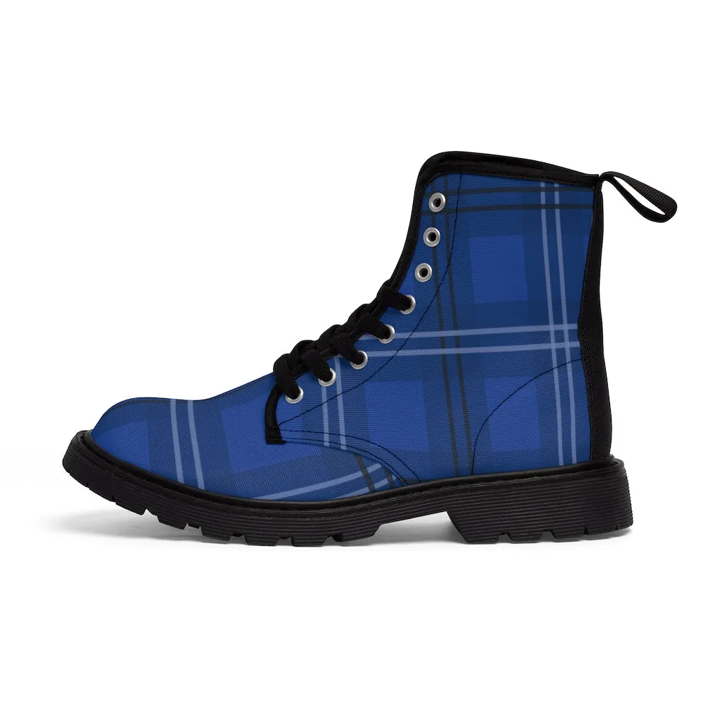 Blue Plaid Men's Canvas Boot, Royal Blue Tartan Scottish Plaid Print Hiking Winter Boots For Men