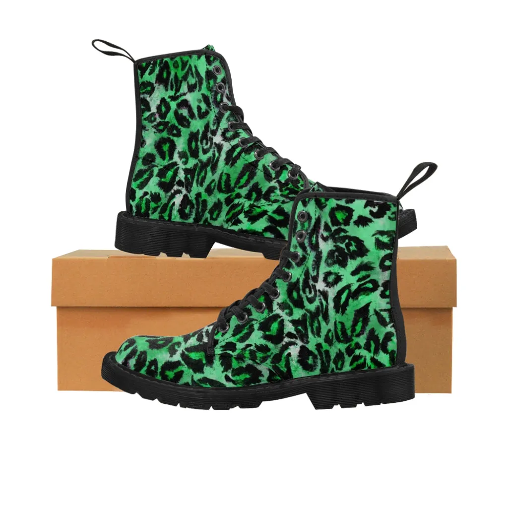 Green Leopard Print Men Hiker Boots, Animal Print Best Hunting Style Designer Men's Canvas Boots