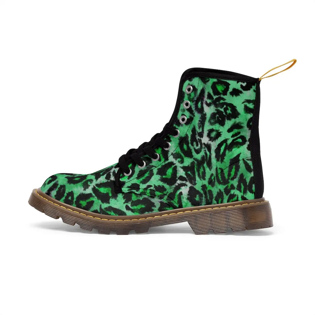 Green Leopard Print Men Hiker Boots, Animal Print Best Hunting Style Designer Men's Canvas Boots