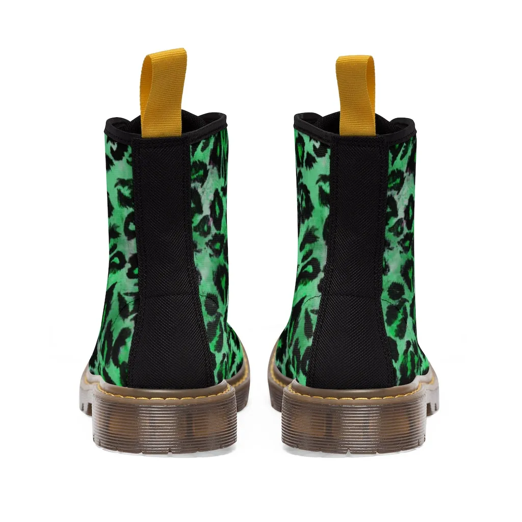 Green Leopard Print Men Hiker Boots, Animal Print Best Hunting Style Designer Men's Canvas Boots