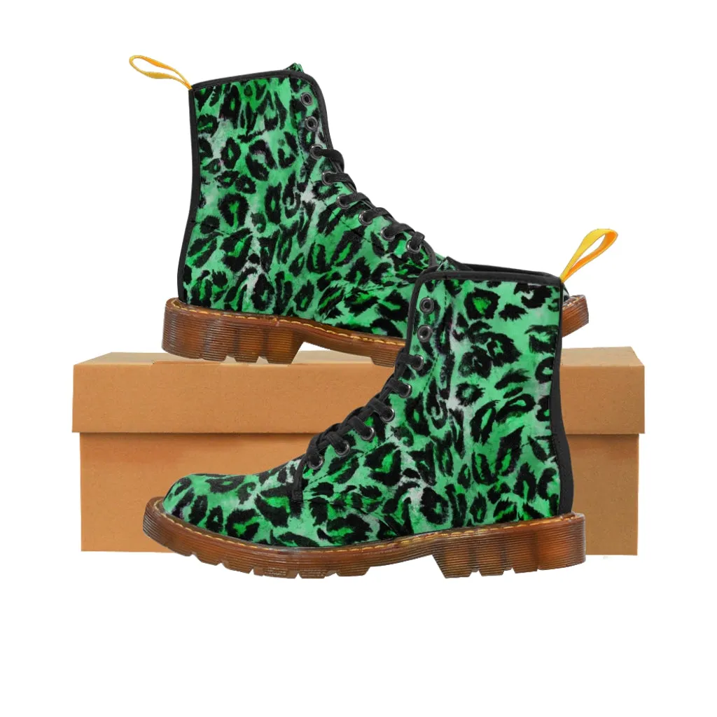 Green Leopard Print Men Hiker Boots, Animal Print Best Hunting Style Designer Men's Canvas Boots