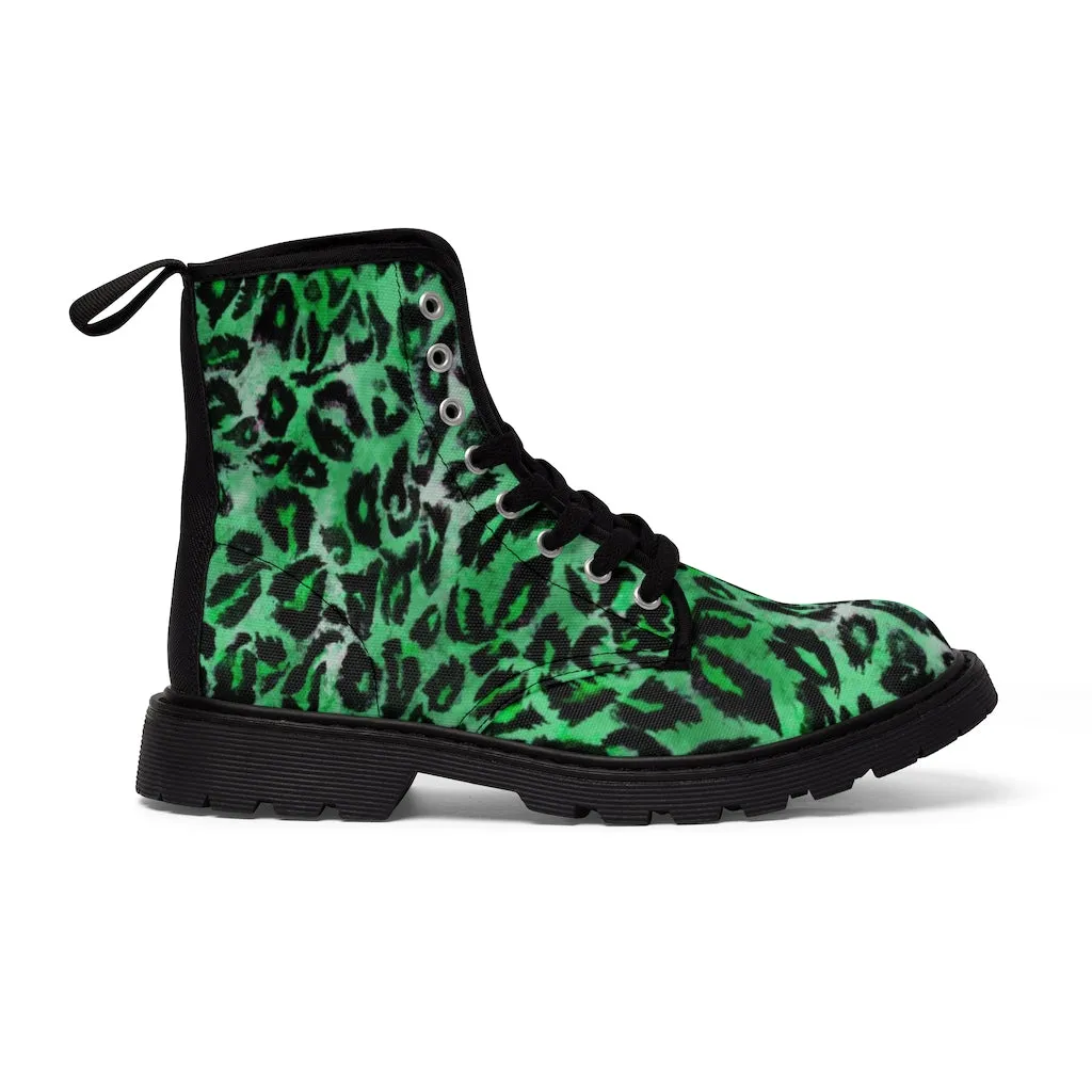 Green Leopard Print Men Hiker Boots, Animal Print Best Hunting Style Designer Men's Canvas Boots