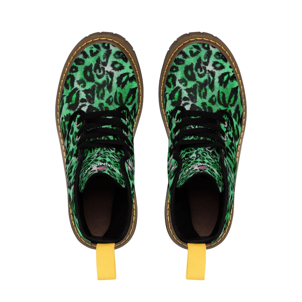 Green Leopard Print Men Hiker Boots, Animal Print Best Hunting Style Designer Men's Canvas Boots