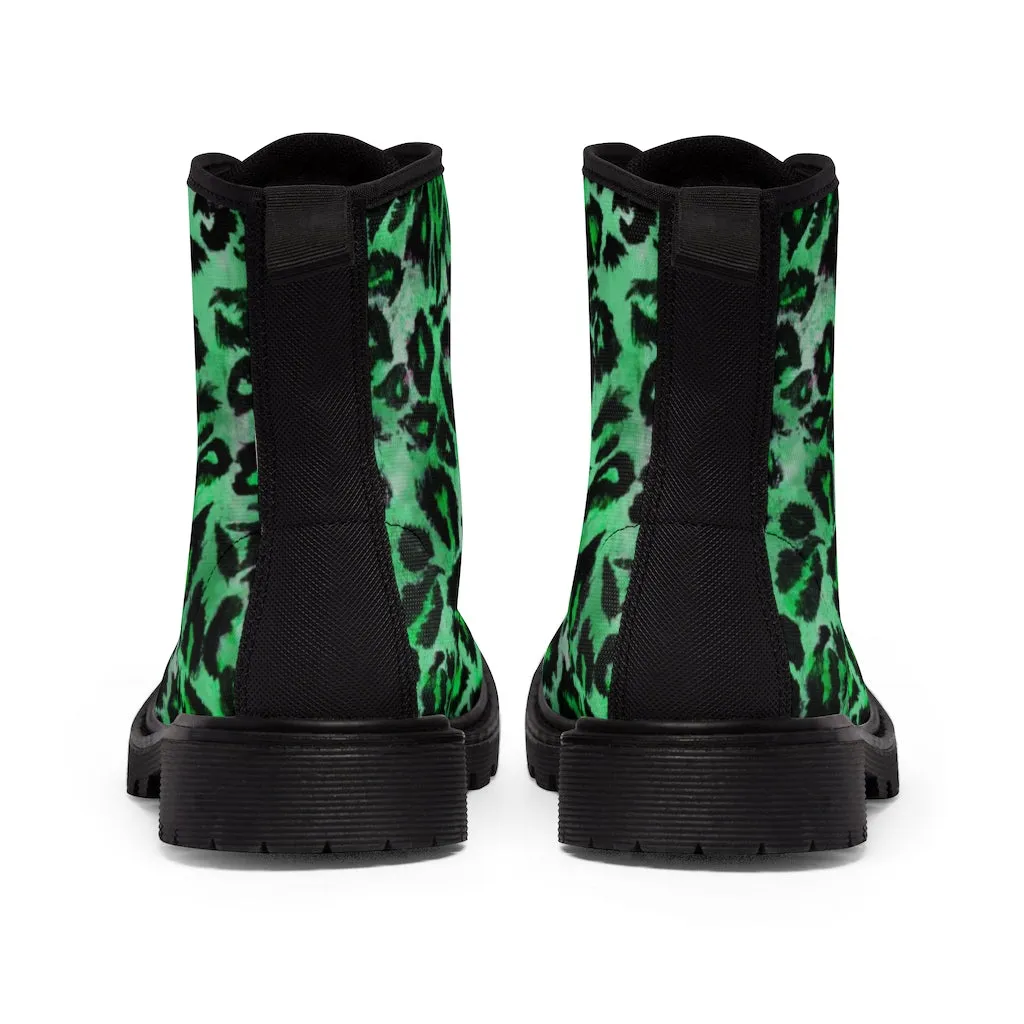 Green Leopard Print Men Hiker Boots, Animal Print Best Hunting Style Designer Men's Canvas Boots