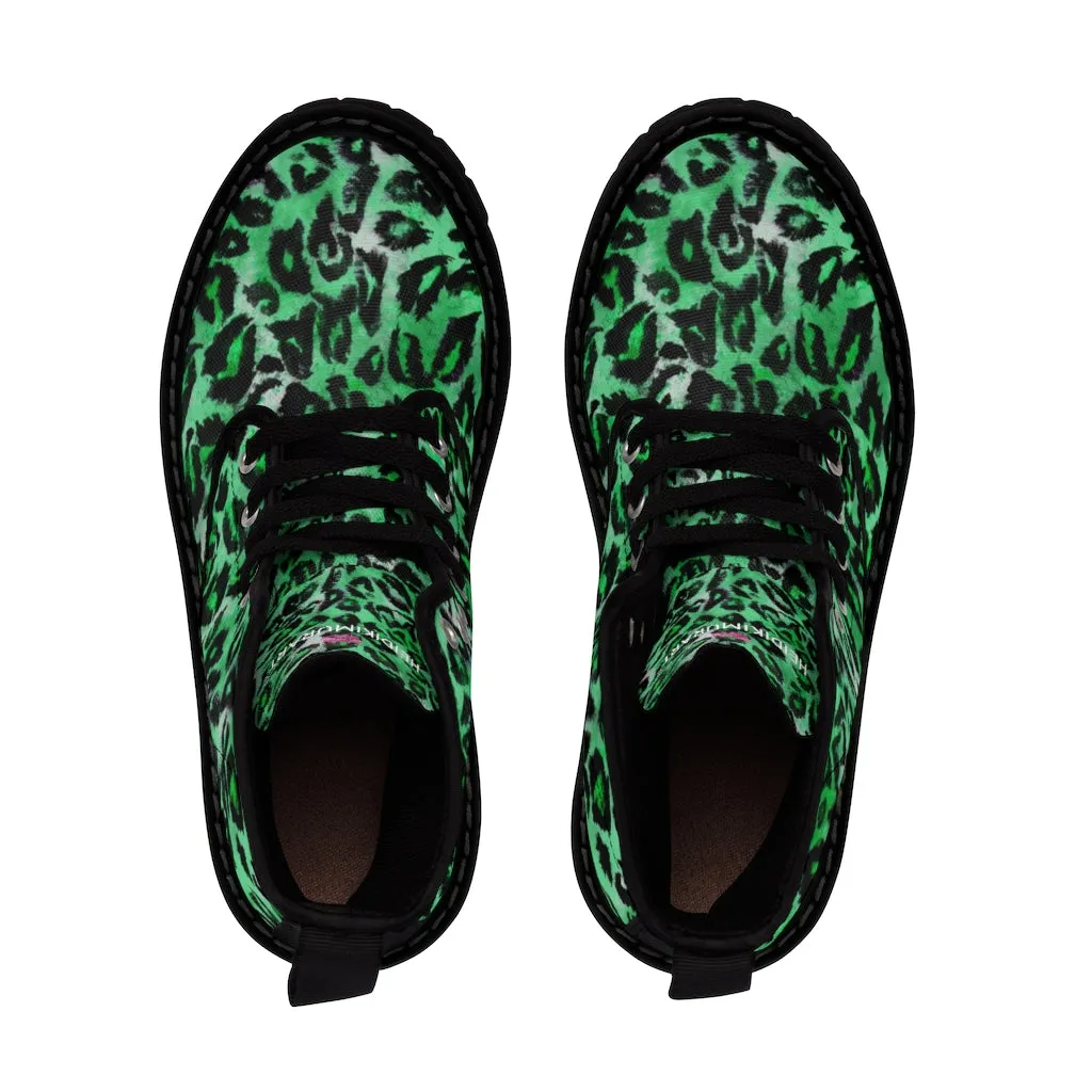 Green Leopard Print Men Hiker Boots, Animal Print Best Hunting Style Designer Men's Canvas Boots