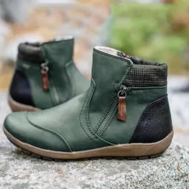 Owlkay Winter Fashion Leather Patchwork Flat Zipper Martin Boots