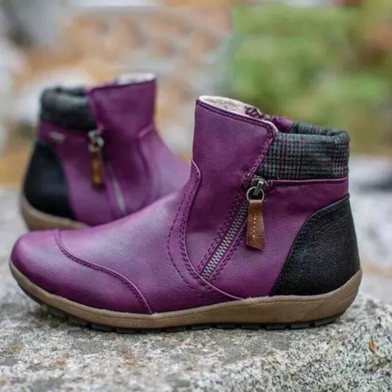 Owlkay Winter Fashion Leather Patchwork Flat Zipper Martin Boots