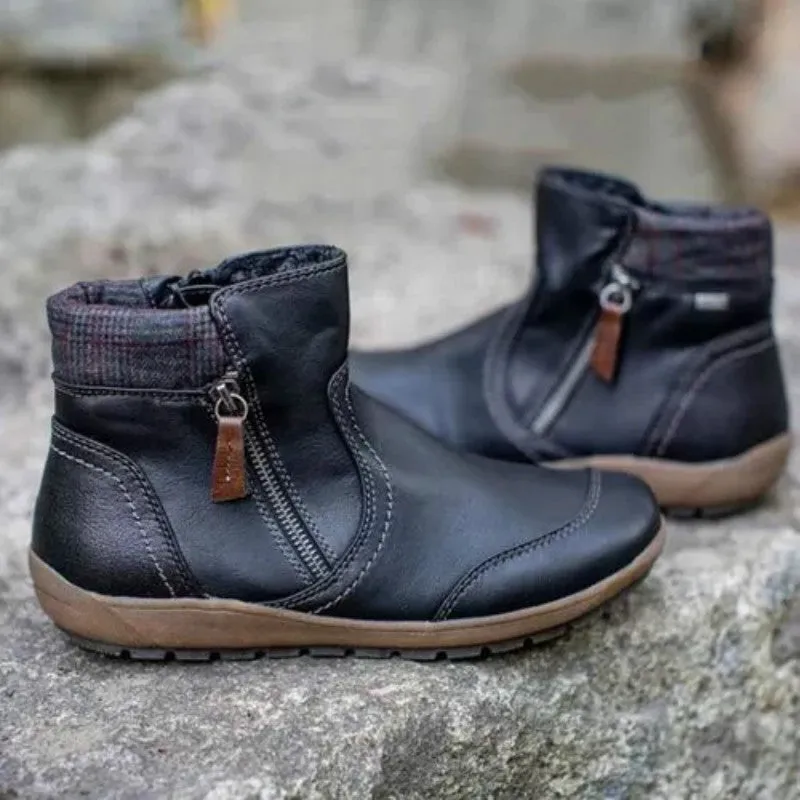 Owlkay Winter Fashion Leather Patchwork Flat Zipper Martin Boots