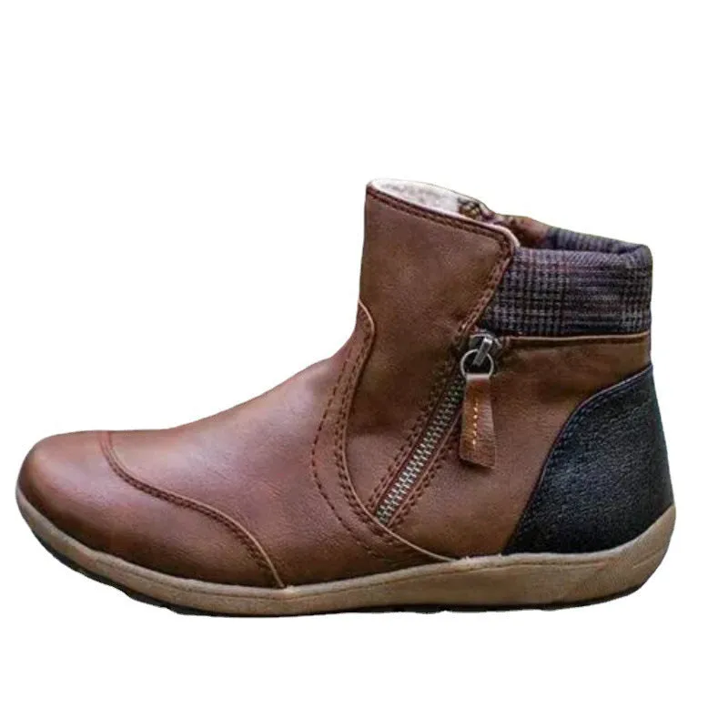 Owlkay Winter Fashion Leather Patchwork Flat Zipper Martin Boots