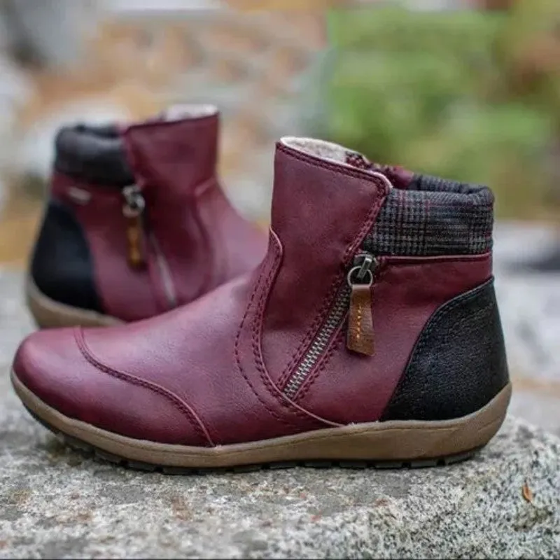 Owlkay Winter Fashion Leather Patchwork Flat Zipper Martin Boots