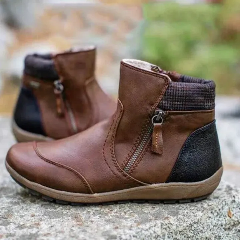 Owlkay Winter Fashion Leather Patchwork Flat Zipper Martin Boots