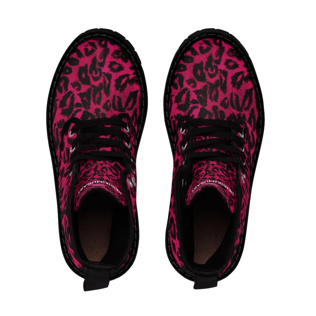 Pink Leopard Print Men Hiker Boots, Designer Men's Canvas Laced Up Hunting Water Resistant Boots
