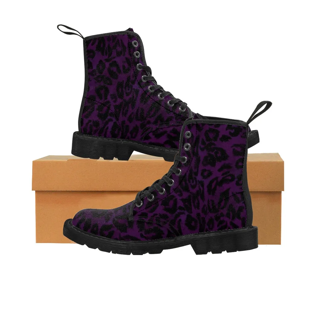 Purple Leopard Men's Boots, Best Animal Print Hiking Winter Boots Laced Up Shoes For Men