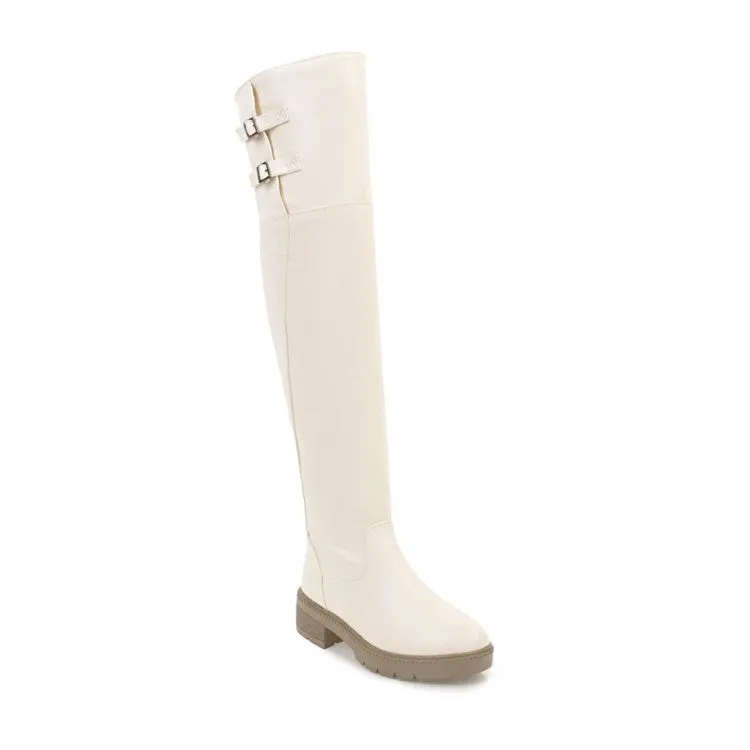 Womens' Buckle Belt Mid Heels Knee High Boots