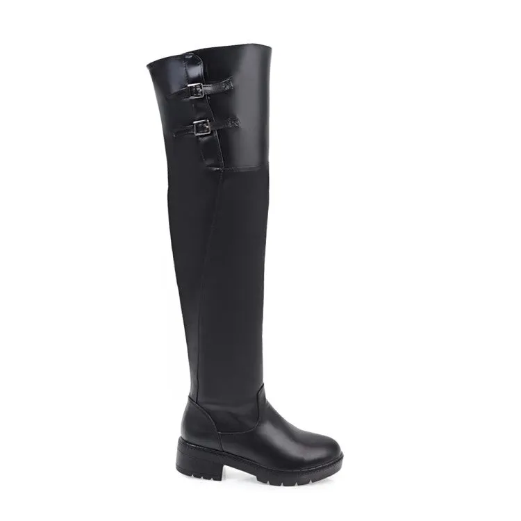 Womens' Buckle Belt Mid Heels Knee High Boots