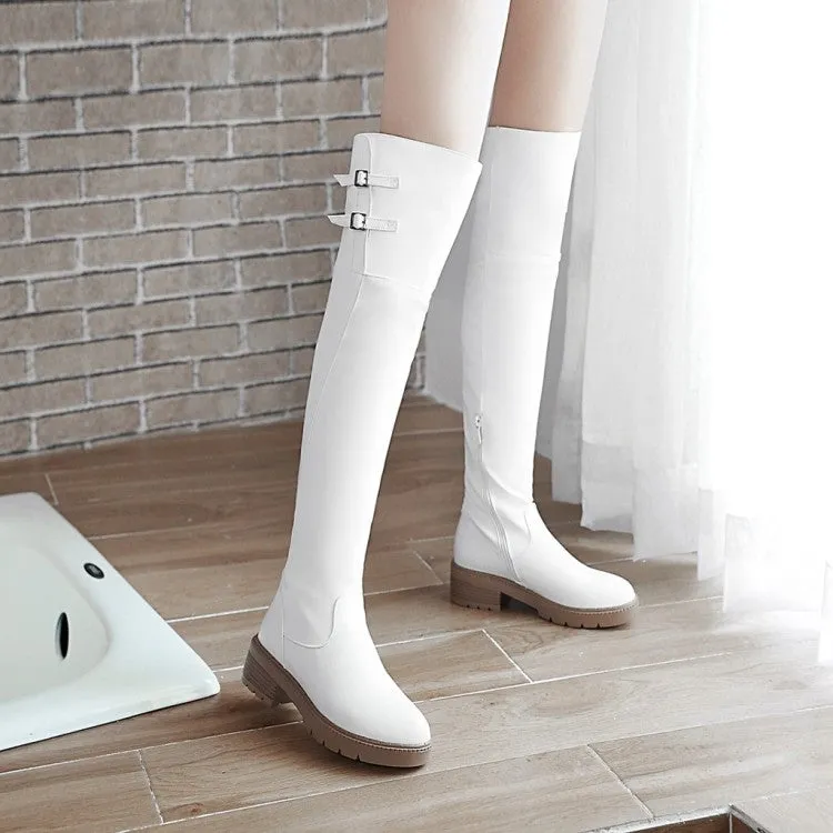 Womens' Buckle Belt Mid Heels Knee High Boots