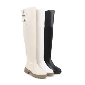 Womens' Buckle Belt Mid Heels Knee High Boots